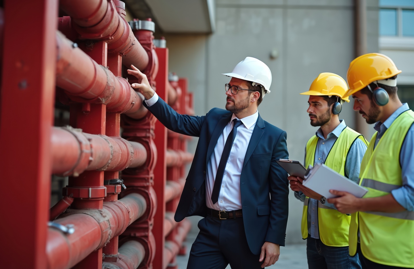 Engineer in suit, hard hat inspects red fire pipes. Two workers in vests, hard hats ear muffs observe. Team reviews industrial building safety system equipment outdoors. Checking facility