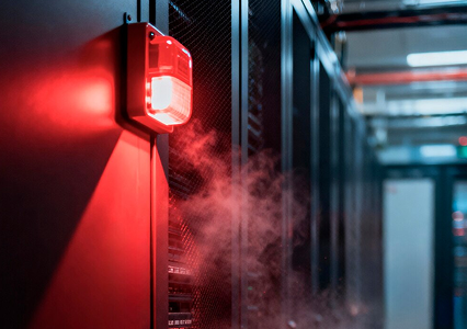 Smoke detector mounted in a server room with visible smoke near equipment racks