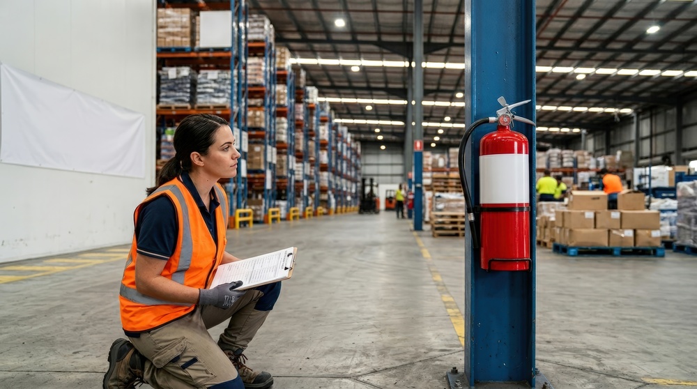 A woman in a safety vest kneels with a clipboard, visually inspecting a fire extinguisher in a large warehouse. Concept of workplace safety and fire prevention in industrial environments.