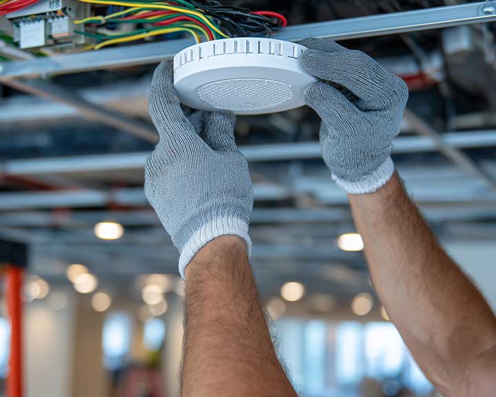 Close-up of a technicianâs gloved hand fixing a smart smoke detector onto a white ceiling panel, with digital wiring and circuit boxes visible in a partially completed commercial