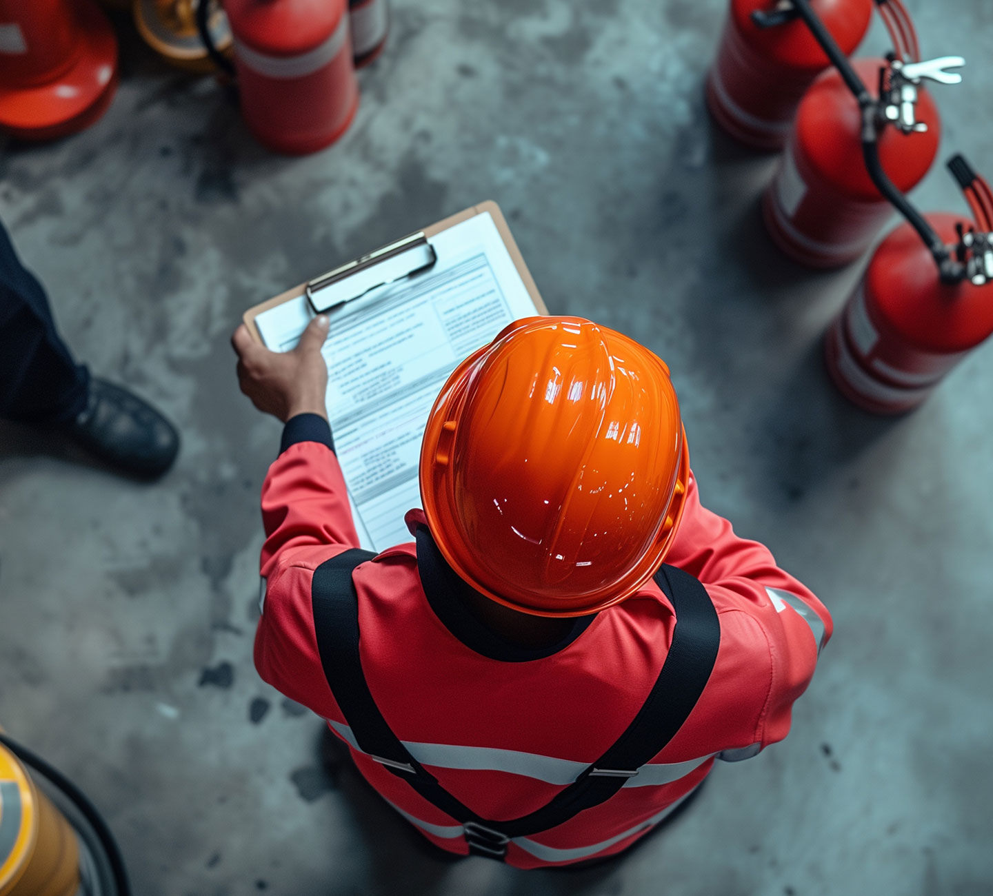 safety officer worker checking a fire extinguisher in a warehouse. Industrial Fire System control check by Professional Engineer write on clipboard