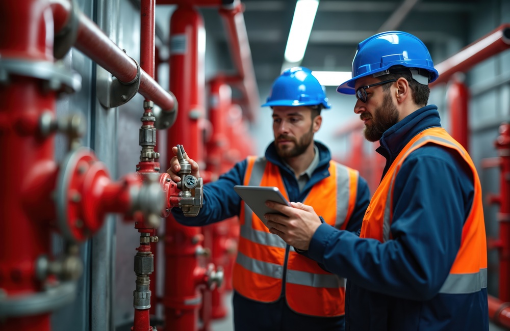 Two engineers in hard hats and safety vests check red industrial pipes. One man adjusts valve lever while other reviews data on tablet. Team inspects fire suppression, system safety equipment.