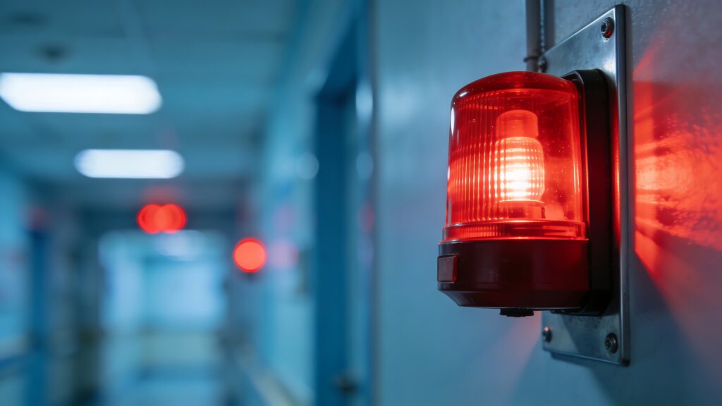 A fire alarm strobe light flashing urgently on a wall
