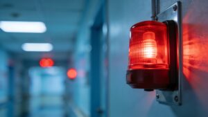 A fire alarm strobe light flashing urgently on a wall