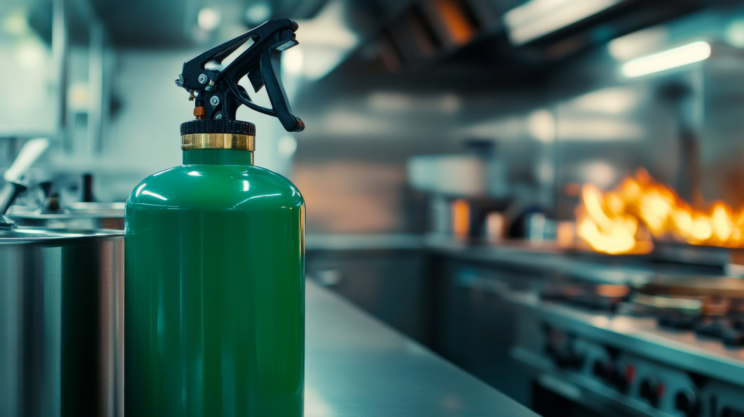 Extinguishing flames green class k fire extinguisher commercial kitchen gigapixel image safety environment close-up view fire prevention
