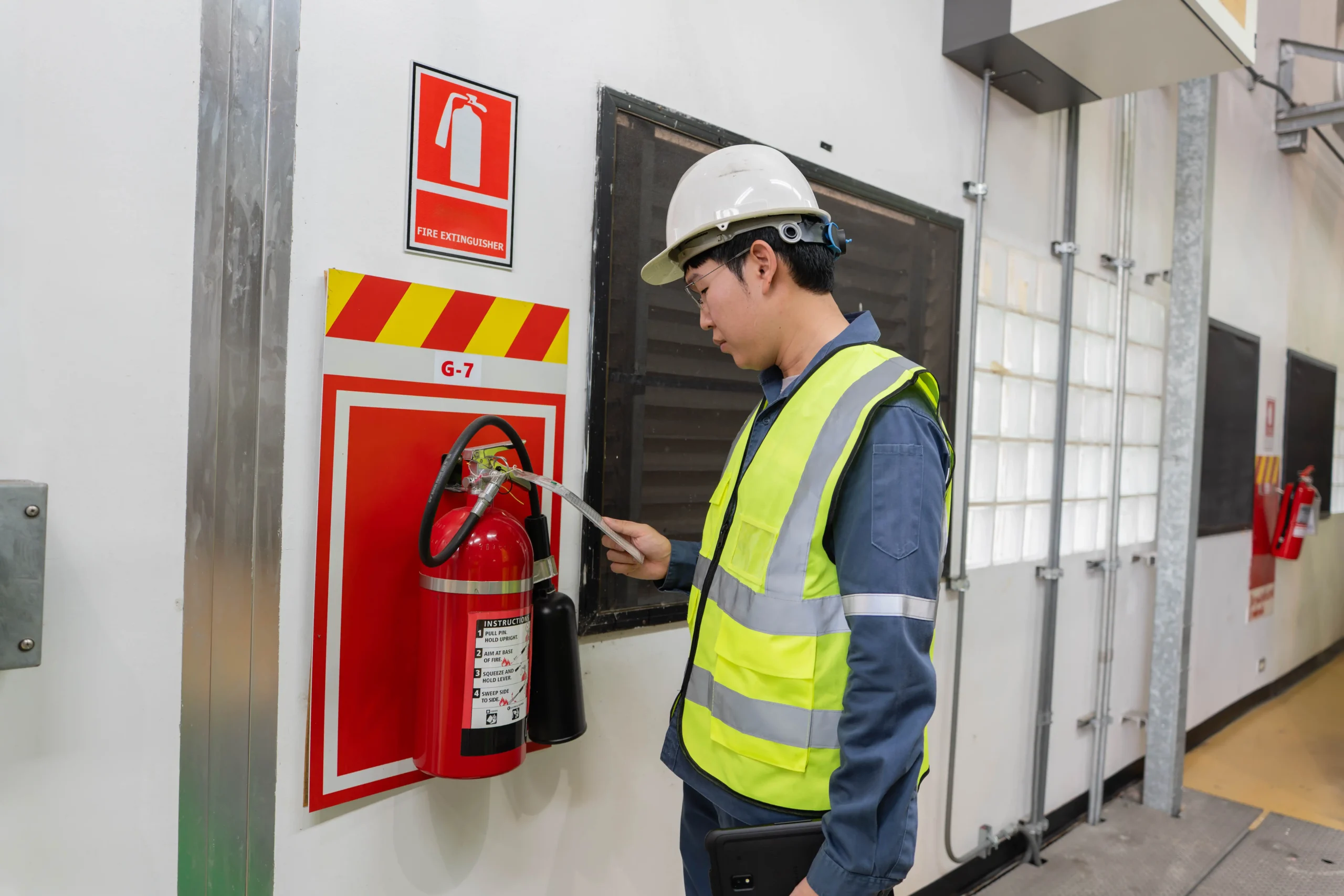Electrical engineer inspecting fire extinguisher, checking pressure gauge, safety seal, and inspection tag