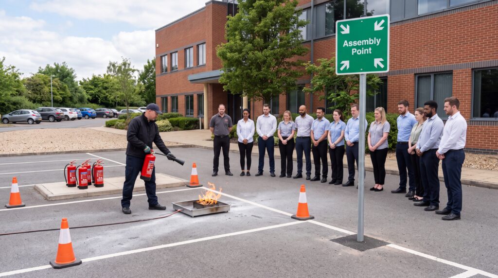 Professional fire safety training demonstration for office workers